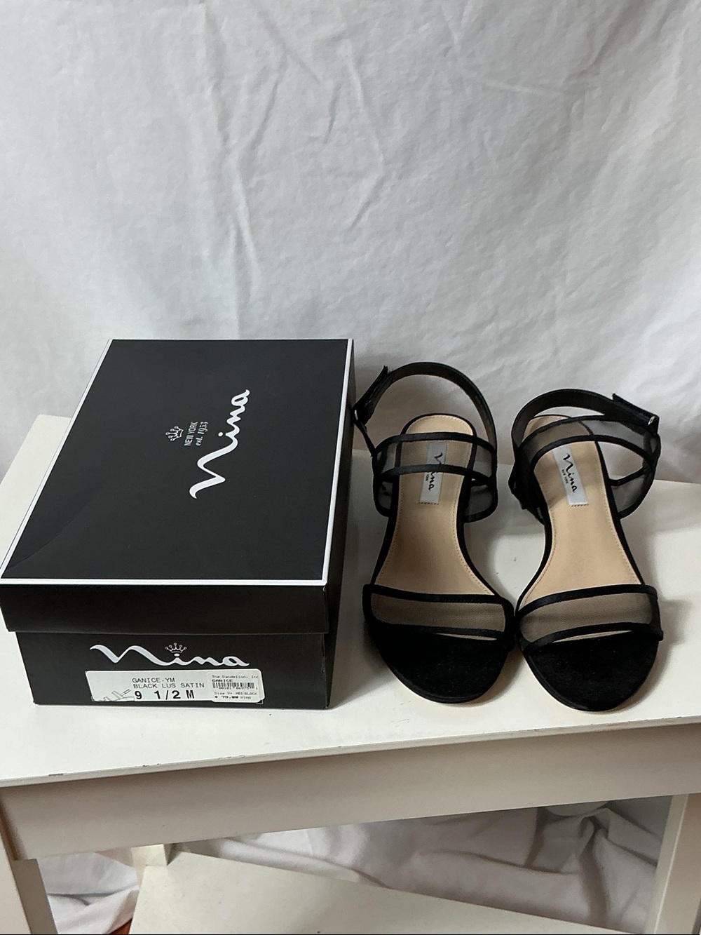 Nina Black Satin Mesh Strappy Block Heel Sandals